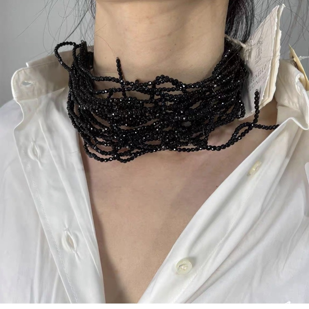 NWT Brunello Cucinelli Beaded Black Spinel Multi Strands Leather Collar Necklace